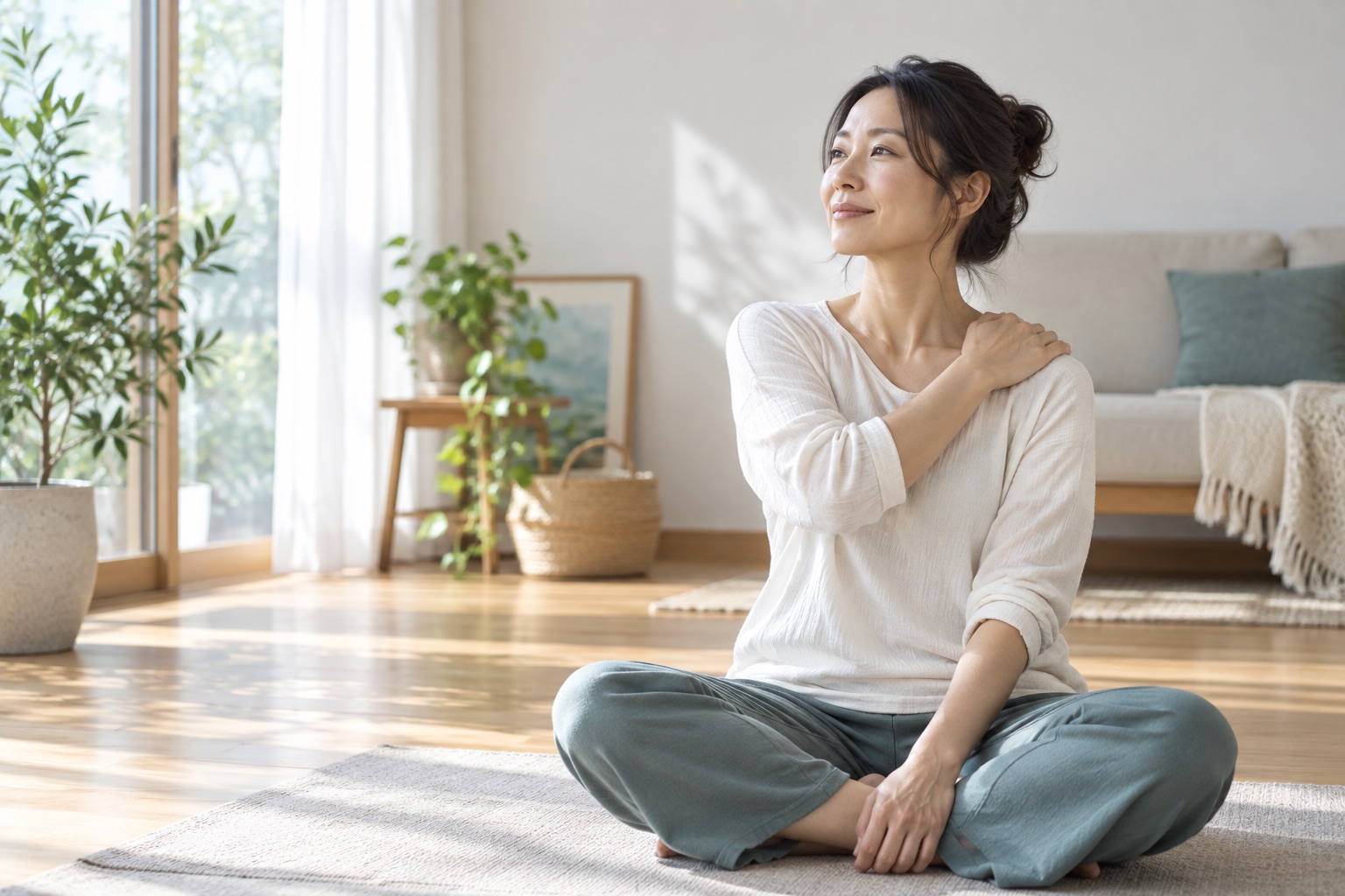 明るい部屋で、セルフケア後の肩の感覚を確かめる人