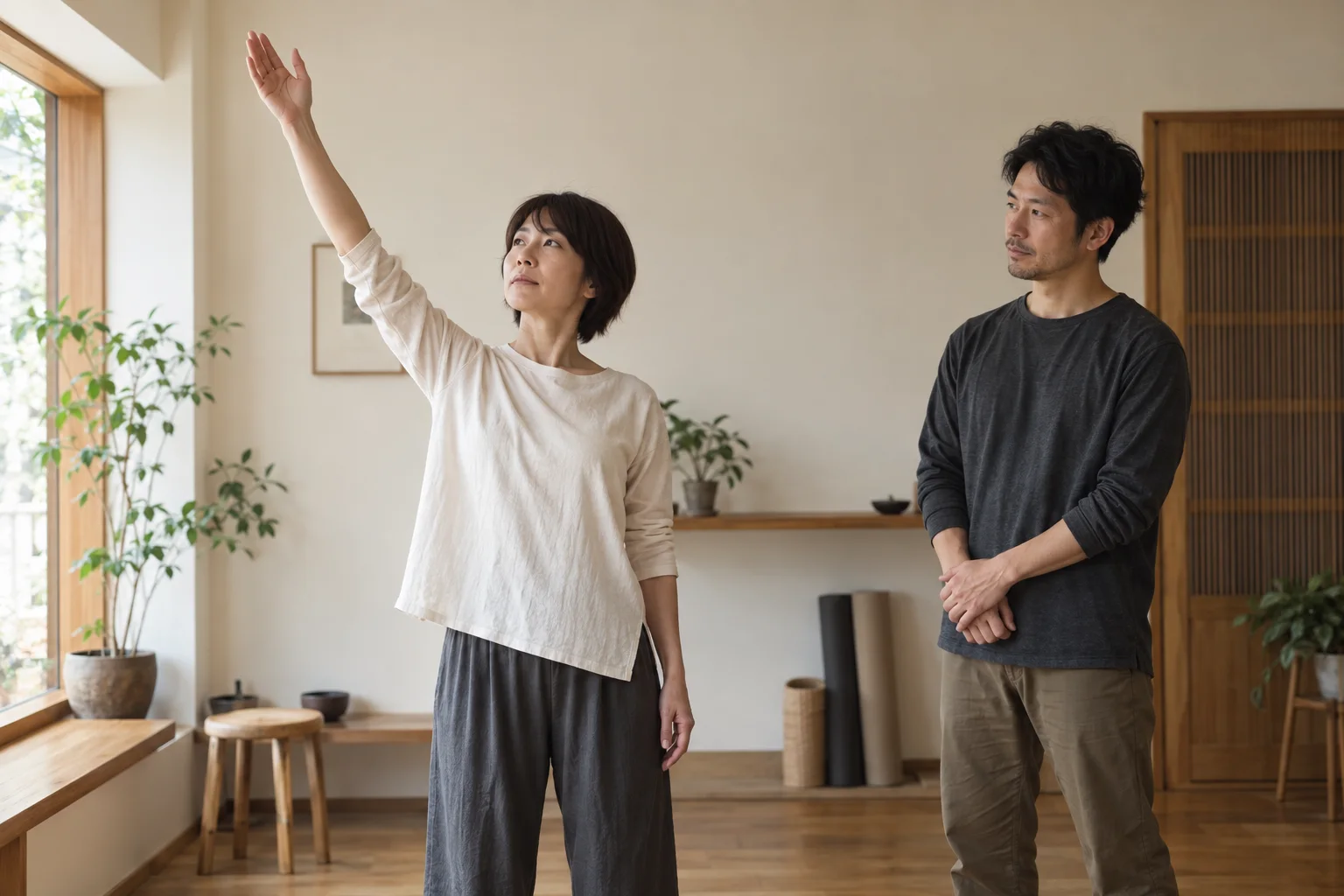 一人が自分で片腕を上げ、その動きを少し離れた施術者が静かに観察している様子