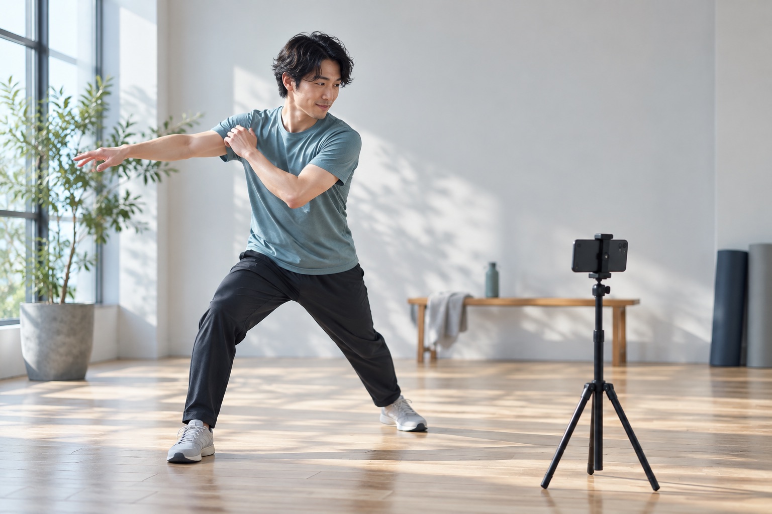 明るいスタジオで、スマートフォンに自分の動きを記録する人
