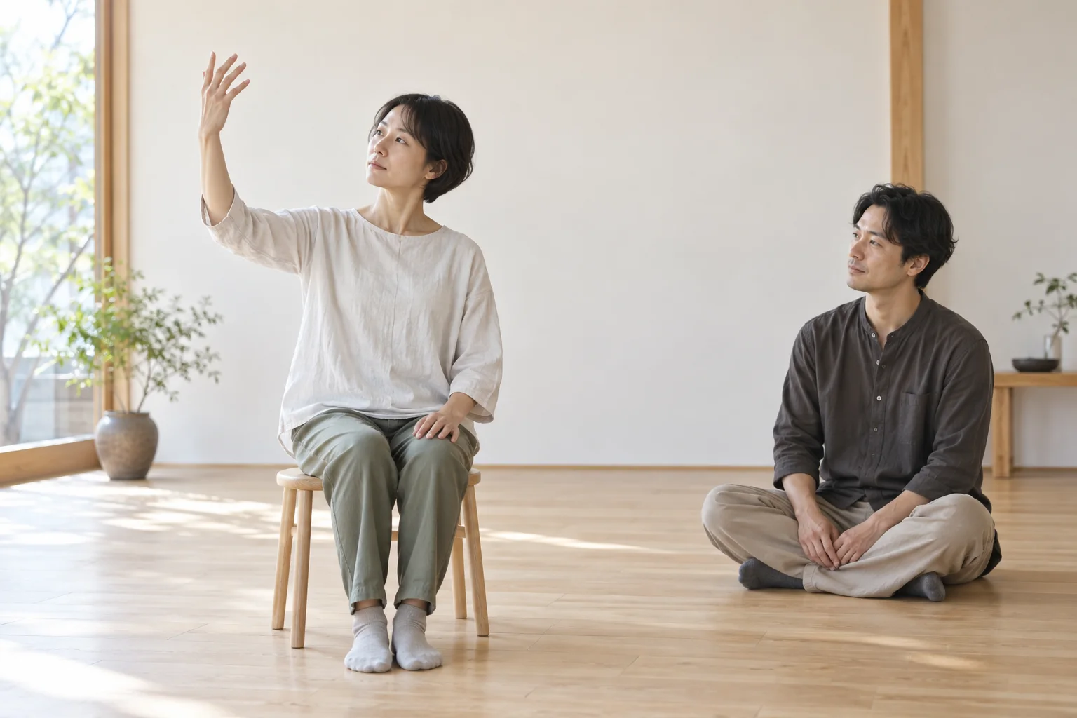 椅子に座った人が自分で片腕を上げて手を見つめ、少し離れた人が触れずに静かに待っている様子