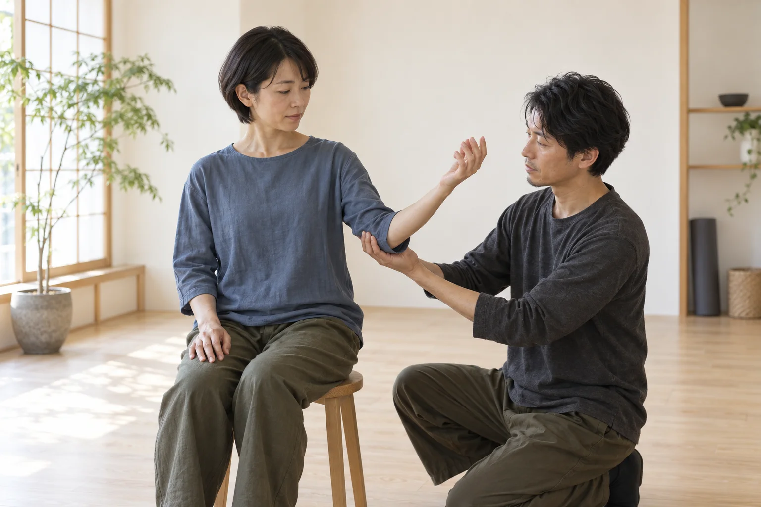 椅子に座った人が自分で前腕を上げ、そばの人が肘を軽く支えながら二人で動きを見ている様子