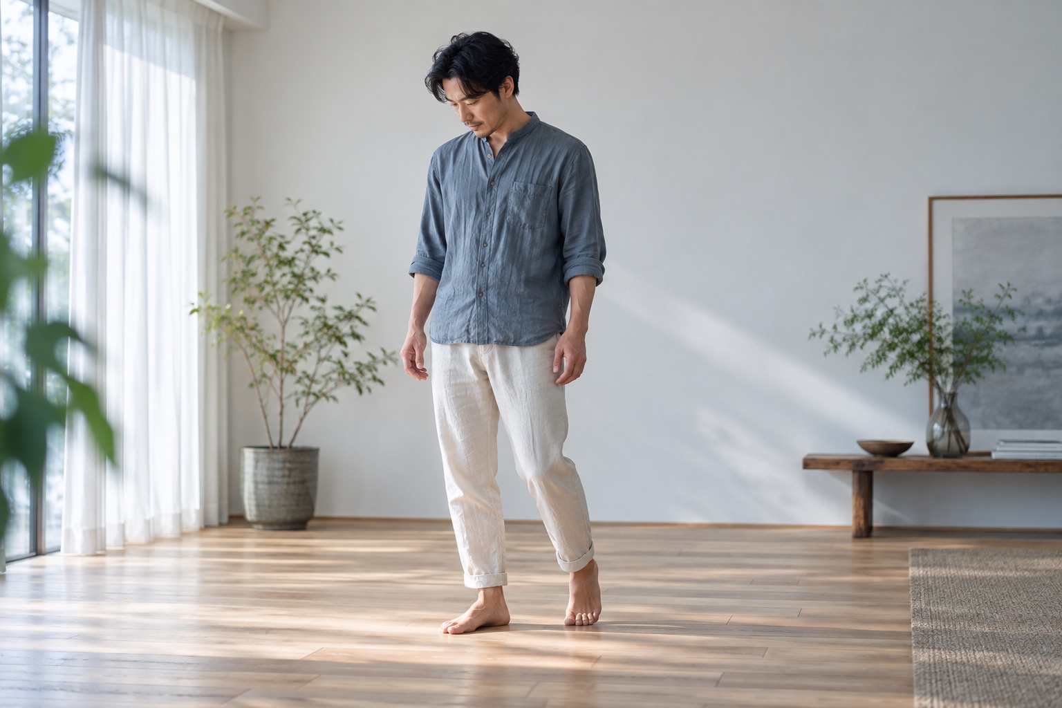 木の床に立ち、足元の小さな変化を静かに確かめる人